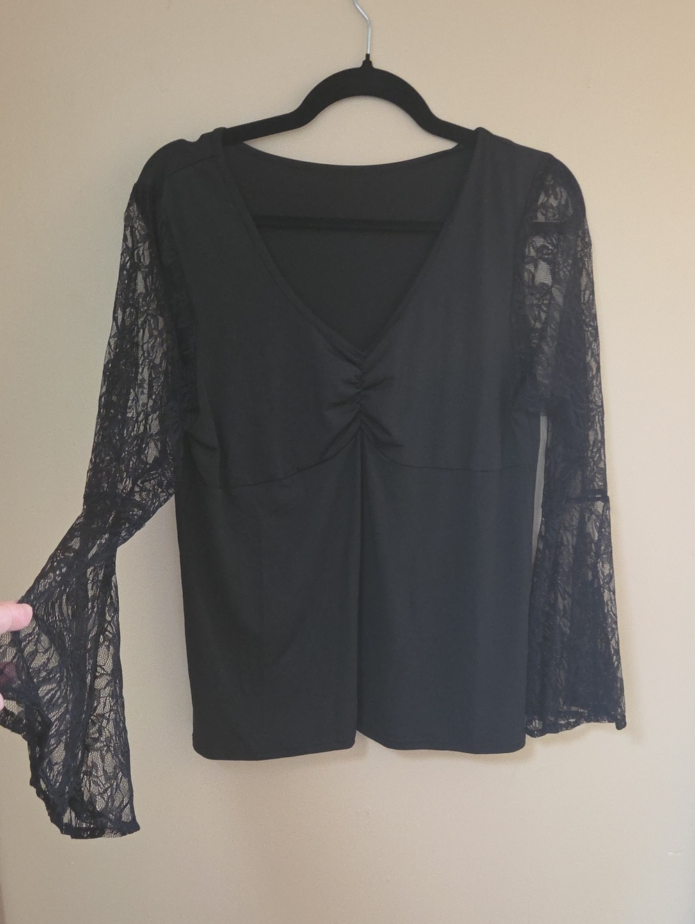 Black Lace-Sleeve V-Neck Women’s Top